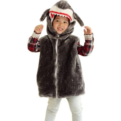 Animal Vest Unisex Childrens Cartoon Grey Shark Vest Costume Autumn Winter Hooded Kids Girls Boys Cosplay Plush Outwear Coat