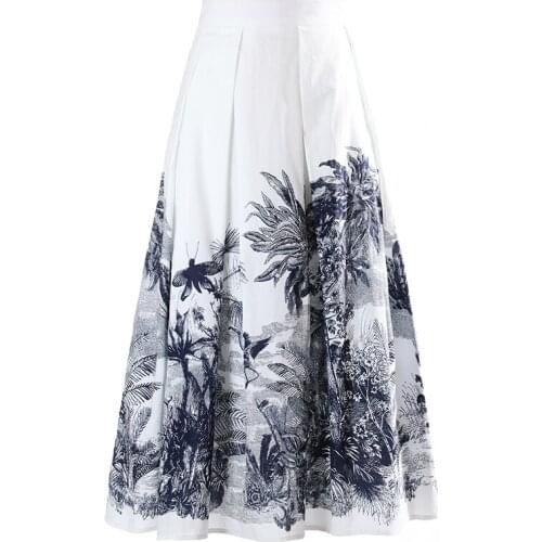 2021 Summer Cotton Skirt Women High Waist Pleat Water Ink Coconut Tree Printed Holiday Party Long Skirt