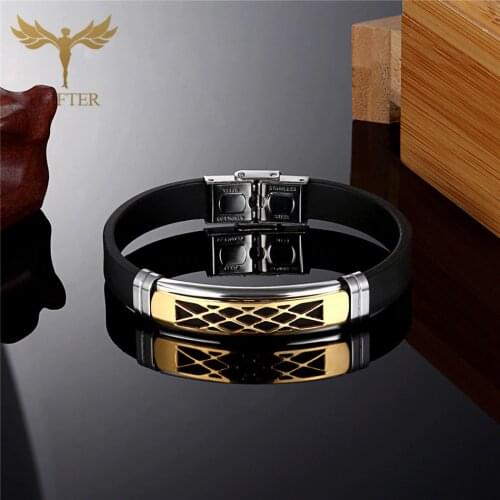 FGifter Fashion Golden Stainless Steel Cuff Bracelet Black Silicone Bracelet Ladies Men Girls Boys Jewelry Accessories Gifts