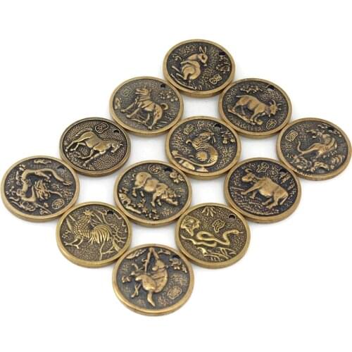 1pcs Solid Brass Keychain Charm Pendant High Quality Chinese Zodiac Signs Leather Craft DIY Decoration Keyring Animals Coin