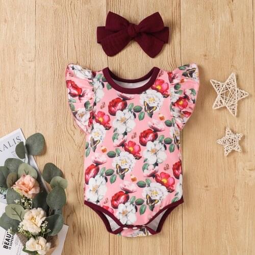 Pudcoco Baby Girl’s Clothes Three Piece Suit Newest Fashion Flower Fly Sleeve Romper Solid Color Suspender Skirt with Headband