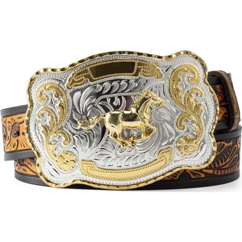 Double Color Golden Horse Embossed Leather Alloy Buckles Adornment Belt Man Big Fashion Belts Cowboy Smooth Buckle