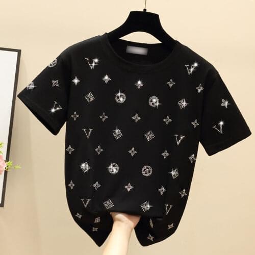 Cotton Diamond Short-sleeved T-shirt Women Korean Version Ins Western Style Student Half-sleeved T-shirt Summer Loose Black Top