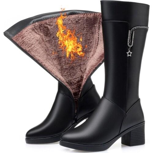 Hot Sell Winter Genuine Leather Boots Wool Women Shoes Fashion New Thick with Slip Warm Mid-calf Boots Winter Cotton Boot Shoes