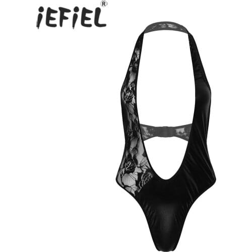 Women Skinny Halter Neck Patchwork Bodysuit Ladies Sleeveless Lace Sexy Lingerie Jumpsuits Backless Exotic Teddies for Nightclub