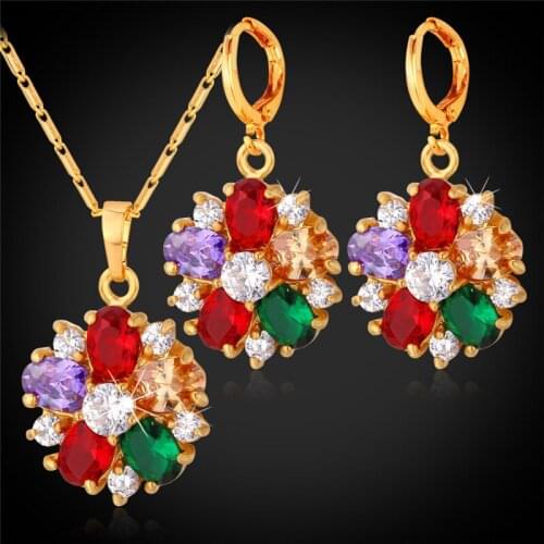 Crystal Necklace Earrings Set For Women Fashion Jewelry Gold Color Mix-Color Cubic Zircon Flower Bridal Jewelry Sets PE1109