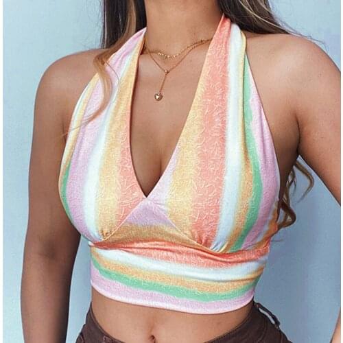 Women Summer Sexy Backless Camisole Tank Tops Female Colorful Stripes V-neck Hanging Neck Lace Up Sleeveless Tops