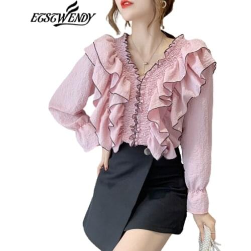Fashion Autumn 2020 Korean White Shirt Sexy V-Neck Women Black Blouse Loose Casual Pink Shirt Vintage Long Sleeve Ladies Tops
