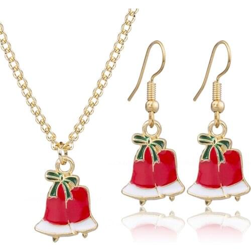 Gold Christmas Theme Jewelry Set Women Simple Drop Oil Enamel Red Christmas Bells Necklace Pendants Drop Earrings Decor Set