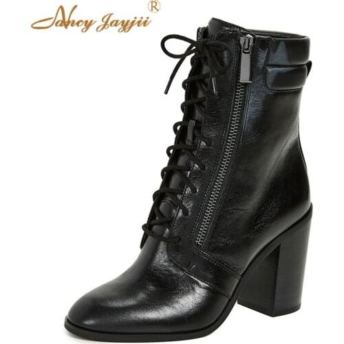 Rosario Black Block Heel Zipper Lace-up Short Booties Ankle Ladies Shoes For Woman Spring 2019 Winter Classic Casual Size 12 15