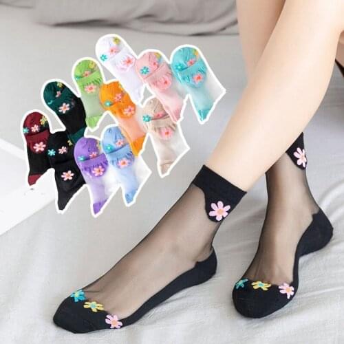 Summer Bamboo Female Flower Short Socks Womens Thin Crystal Transparent Girl Ankle Silk Smooth Non-slip Suitable Socks