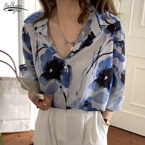 2021 Autumn New Casual Tops Mujer Long Sleeve Shirt Women Chic Floral Shirt Turn-down Collar Vintage Korean Clothes Blusas 15712
