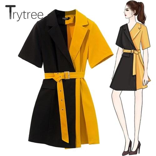Trytree Summer Autumn Casual Dress Women Notched Collar Yellow Patchwork Black Belt Office Lady Dresses Polyester A-line Dress