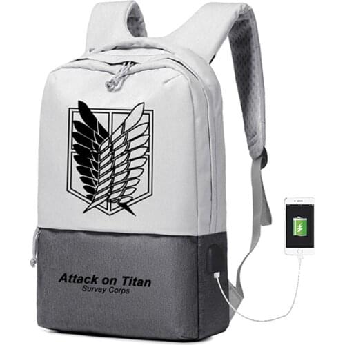 Hot Anime Attack on Titan Survey Corps Printing Backpack USB Interface Laptop Backpack Canvas School Bapack Travel Backpack