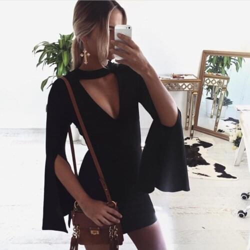 Plus Size 2017 Ladies Women long flare Sleeve Sexy Dress Women Black Club Summer style Dress halter sexy club dresses sleeveless