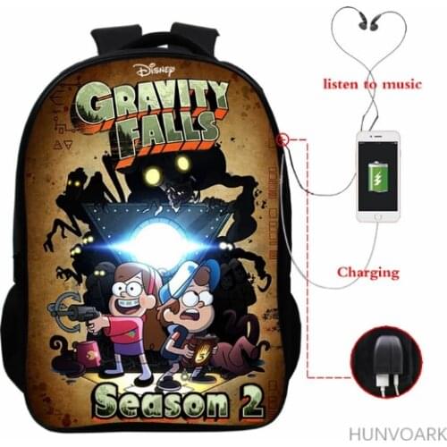 16 Inch Gravity Falls USB Charge Backpack Women Mens School bags Cartoon Women bag Travel Mochilas