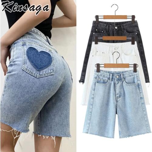 Sexy High Waist Heart Pattern Embroidery Five-point Denim Shorts Bermuda Women Casual Tassels Tight Half Length Aesthetic Jeans