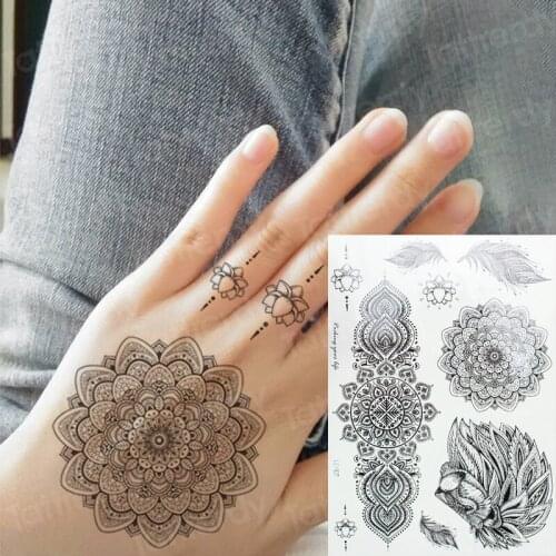 Mandala temporary tattoo sticker black tattoo henna lace fake hand rose tattoo lotus flower butterfly mehndi stickers for hand