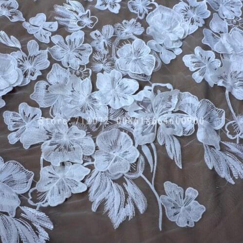 High quality off white handmade 3D embroidery flowers on net yarn wedding dress/evening dress lace fabric 130cm by yard