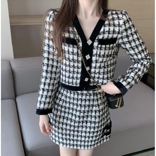 High Quality Autumn Fashion Plaid Knit Two Piece Set Women Cropped Sweater Cardigan Coat&Mini Skirts Suit Korean OL Lady Outfits