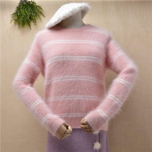 Ladies women fashion sweet pink hairy mink cashmere knitted striped long sleeves slim blouses pullover angora fur jumper sweater