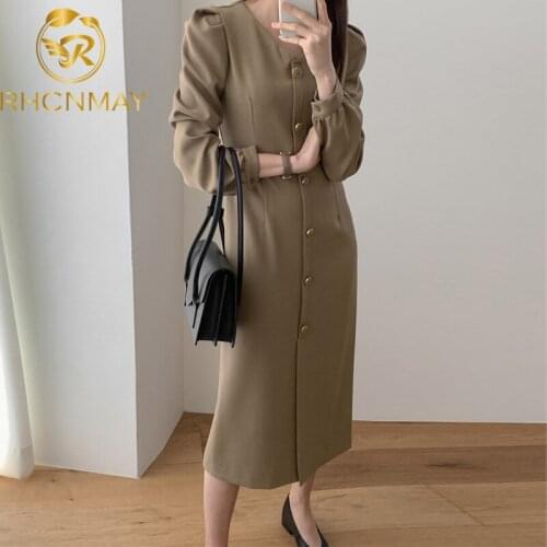 2021 Korean version New Spring Autumn Chic Elegant High Wais V-Neck Bubble Sleeve Single breasted Womens long dress