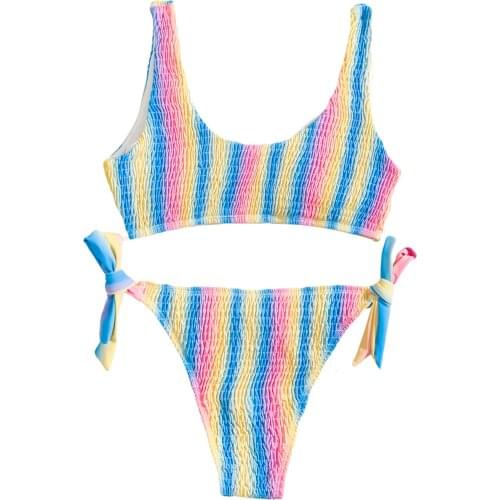 2 Pcs Women Sexy Bathing Suits, Adults Colorful Striped V-neck Bikini Bra + Tie-up Thong