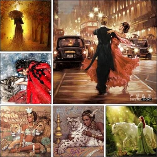 5D DIY Diamond Painting Animal Cross Stitch Woman & Tiger Wolf Horse Needlework Diamond Embroidery Home Decorative