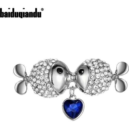 Baiduqiandu Pair Kissing Fishes Brooches Pins With Blue Heart Shape Crystal Glass Cute Animal Party Coat Jewelry 2020 New