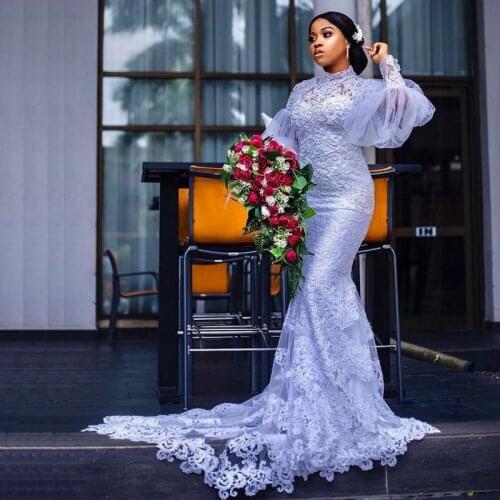 White Puffy Long Sleeve Robe de mariée Mermaid Wedding Dresses High Neck Lace Appliques Bead Outdoor Bridal Gowns