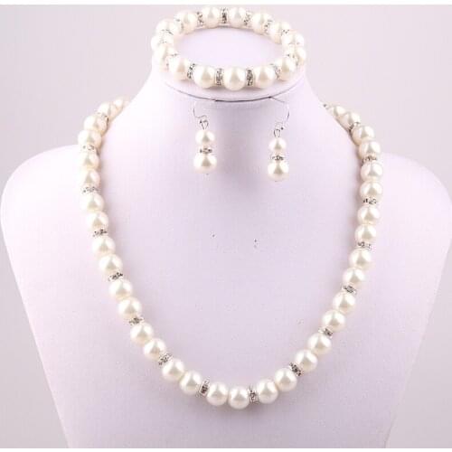 Free shipping fashion crystal spacers and 10mm Cream Pearl necklace bracelet earring jewelry set