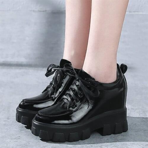 Trainers Women Lace Up Genuine Leather Hidden Wedges High Heel Ankle Boots Female Round Toe Platform Pumps Shoes Casual Shoes