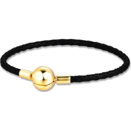 Black Leather Bracelets Gold Beads for Women Silver 925 Jewelry Signature Chain Braided Rope DIY Charms Bracelet