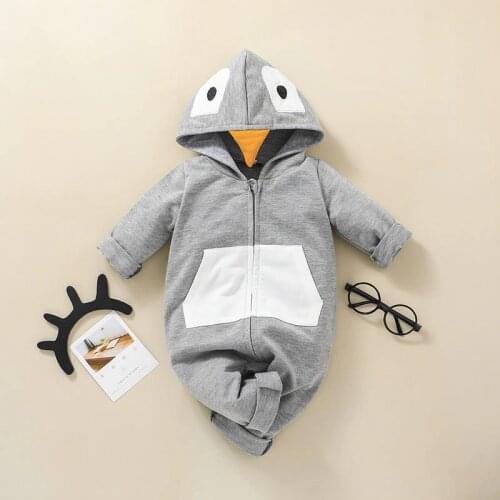 Autumn Infant Clothes Lovely Cartoon Penguin Shape Kids Rompers Boys Girls Long Sleeve Hooded Bodysuits Zipper Jumpsuit