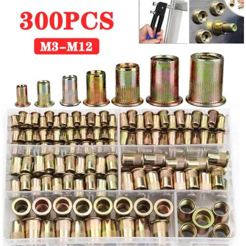 300pcs M3 M4 M5 M6 M8 M10 M12 Carbon Steel Knurled Nuts Rivnut Flat Head Thread Rivet Insert Nutsert Cap Rivet Nut Set