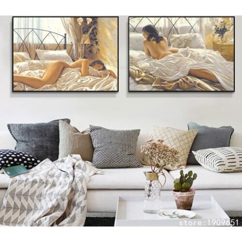 Cotton no frame modern sexy woman on the bed canvas printings oil painting printed on cotton hotel wall art decoration pictures