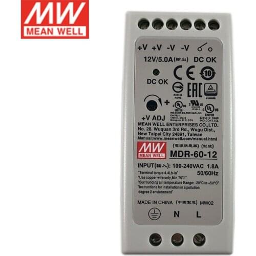 Original MEAN WELL MDR-60-12 60W 12V DIN Rail Switching Power Supply 110V/220V AC to 12V DC 5A Power Unit PSU SMPS Transformer