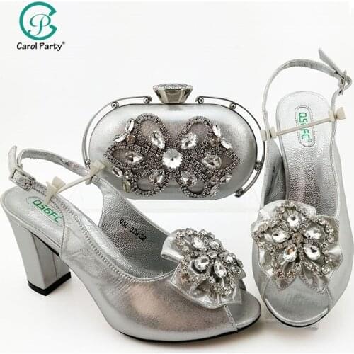 2020 Silver Color Italian Design Shoes and Bags To Match Set African Women Wedding Shoes and Bags Sets with Crystal