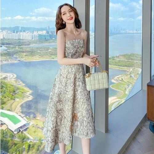 Fashion Summer Sexy Strap Midi Party Birthday Dress Ladies Elegant Casual Sleeveless Floral French Romantic Beach Vacation Dress