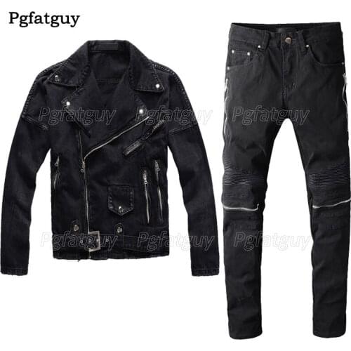 Autumn Winter Mens Biker Jeans Sets Punk Style Mens Two Piece Set Black Diagonal Zipper Punk Slim Denim Jacket + Stretch Jeans