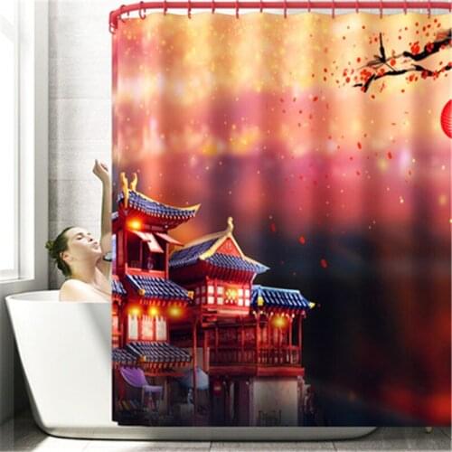 Bathroom Mat Set Non-slip Print China Style Bath Mat Coral Fleece Shower Curtain Floor Mat Washable Bathroom Toilet Rug