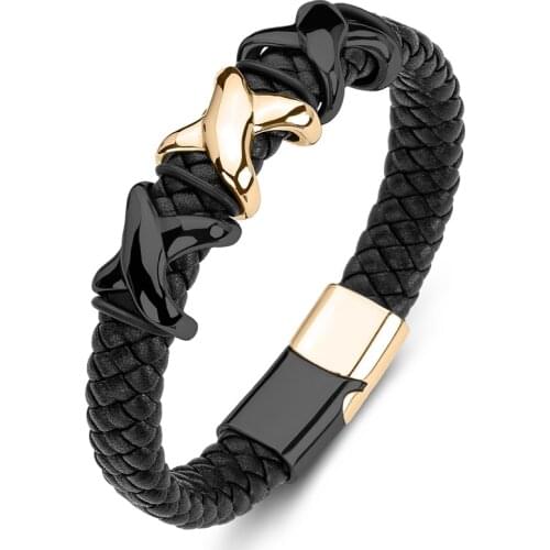 Handmade Braided Leather Men Bracelet Stainless Steel Cross Fashion Bangles Punk Rock Jewelry Leather Wristband Male Gift P174