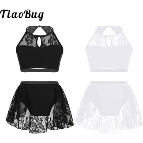 TiaoBug Kids Teens Halter Lace Splice Ballet Tutu Dance Wear Gymnastics Top Shorts Set Girls Contemporary Lyrical Dance Costume