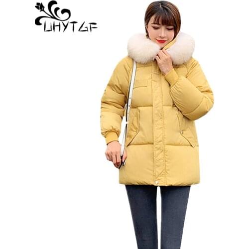UHYTGF Elegant student winter cotton coat Korean plus size down jacket short coat fur collar hooded casual warm jacket women1266