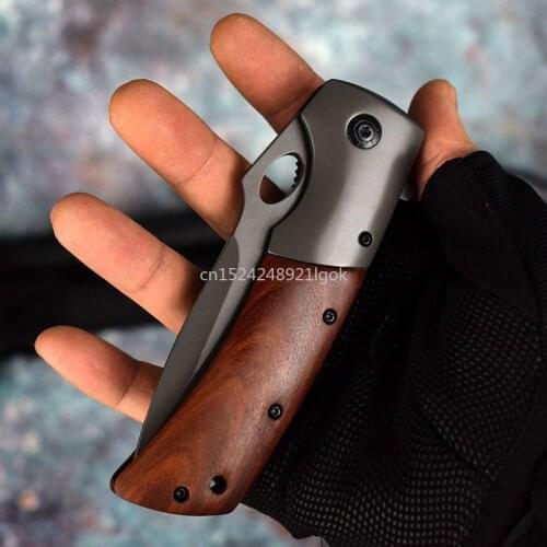 Wilderness Survival Military Knife Portable Spring Steel Wooden Handle Knife Outdoor Folding Knife Self-defense Folding Knife