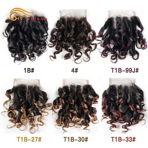 Htonicca Hair 4x4 Closure Brazilian Curly Human Hair 1B 27 #4 30 33 99J Ombre Honey Blonde colored Three Part Closure