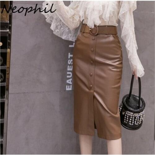 Neophil 2020 PU Faux Leather Midi Pencil Skirts Button Sashes Women High Waist Slim Ladies Office Sexy Elegant Wrap Skirt S9105