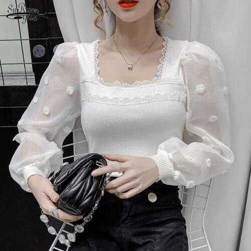 Spring Autumn Vintage Crochet Lace Tops French Square Collar Sweet Lace Blouse Women Flower Lantern Sleeve Elegant Shirts 15995