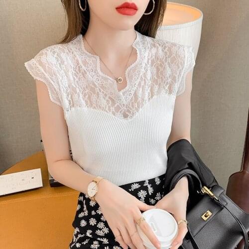 Womens T-shirt Summer Lace Hollow Sleeveless V-neck T Shirt Women Knit Tops Blusas Woman Tshirts