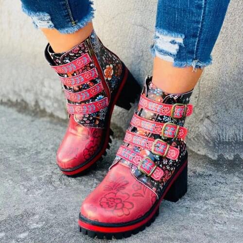 2021 Womens Printed Boots Fashionable Design Belt Buckle Thick Heel Ankle Boots Bare Boots Shoes Обувь Женская Free Shipping